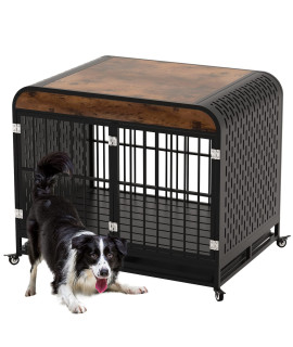 Snimoy Heavy Duty Dog Crate - Wooden Dog Cage Furniture with Tabletop for Small Medium Large Dogs - Decor Pet House Kennel with Removable Trays and Lockable Wheels