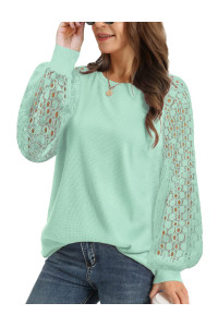 YESNO Women Trendy Blouses casual Loose Knit Tops Pullover Hollow-out Lace Long Sleeve Shirts TY3 (S TY3 green)