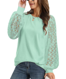 YESNO Women Trendy Blouses casual Loose Knit Tops Pullover Hollow-out Lace Long Sleeve Shirts TY3 (S TY3 green)