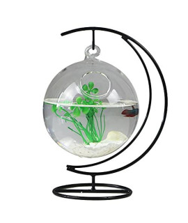 Stoyrb Desktop Hanging Glass Fish Tank Mini Table Aquarium Glass Betta Fish Bowl Clear Fish Cylinder Bowl With Iron Stand For Office Home Decor 1 Fish Bowl Transparent