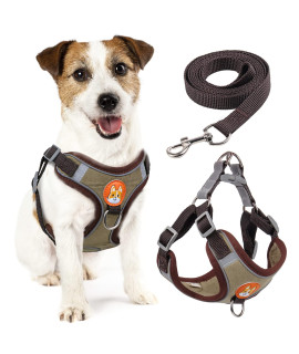 rennaio Dog Harness No Pull, Adjustable Puppy Harness with 2 Leash Clips, Ultra Comfort Padded Dog Vest Harness, Reflective Dog Harness and Leash Set for Small and Medium Dogs (Brown, L)