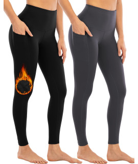 Yezii 2 Pack Fleece Lined Leggings With Pockets For Women,High Waisted Winter Yoga Pants Blackdark Gray-L