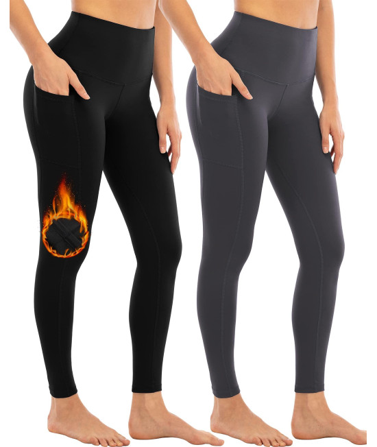 Yezii 2 Pack Fleece Lined Leggings With Pockets For Women,High Waisted Winter Yoga Pants Blackdark Gray-L