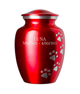 Ottillie Paws Elite Series Pet Urn with Personalized Engraving (Ruby Red, Pewter, Vertical Paws, Small)