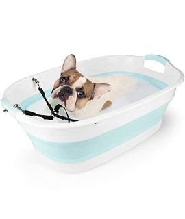 eXuby Refreshing Portable Puppy Bathtub with Adjustable Harness - Fits Small Dogs Up to 20lbs - Collapsible for Easy Baths and Easy Storage - Drains Quickly - 2 Comfortable Carry Handles (Teal)
