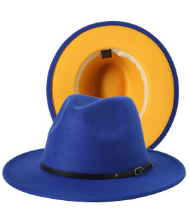JOYEBUY Women Lady Two Tone Wide Brim Panama Hat Patchwork colors classic Fedora Hat with Belt Buckle (Royal BlueYellow, One Size)