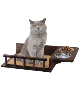 Austy Wooden Cat Feeding Shelf - Wall Mounted Cat Shelf with 2 Elevated Cat Bowls, Premium Cat Wall Furniture for Indoor Cats - Modern Cat Shelves for Eating, Playing, Sleeping & Lounging, Brown