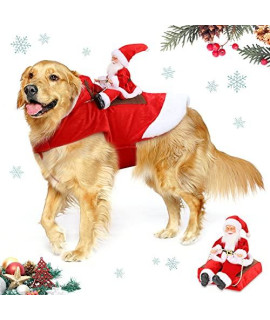 Lewondr Dog Christmas Costume Santa Claus Riding on Dog Apparel Party Dressing Up Clothing for Pet Christmas Riding Outfit for Dogs Hoodie Coat Clothes Xmas Costumes, Large Size, Red