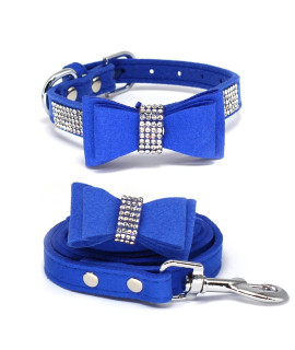Charmsong Crystal Suede Dog Collar With Bow Tie Rhinestone Jeweled Dazzling Sparkling Elegant Fancy Soft Puppy Bling Collars For Small Dogs With Leash Dark Blue M