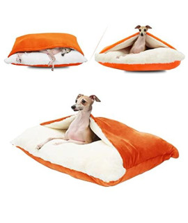 Flannel Calming Washable Dog Bed Hooded Blanket-Comfortable Warmth Orthopedic Square Anti-Anxiety Sleeping Bed Pillow Cave Nordic Style-Indoor/ Outdoor | 23 inch Orange--Dog Travel Car Carrier Bed
