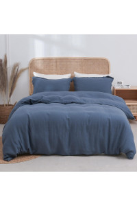 Simpleopulence 100 Linen Duvet Cover Set 3Pcs Basic Style Natural French Washed Flax Solid Color Soft Breathable Farmhouse Bedding With Button Closure - Classic Blue, Full