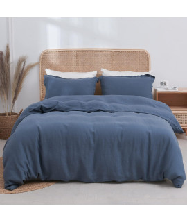 Simpleopulence 100 Linen Duvet Cover Set 3Pcs Basic Style Natural French Washed Flax Solid Color Soft Breathable Farmhouse Bedding With Button Closure - Classic Blue, Full