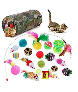 Kitten Toys, Tunnel, Cat Feather Teaser Wand Interactive Feather Toy Fluffy Mouse, Crinkle Balls for Cat, Puppy, Kitty, Kitten 21pc (A)