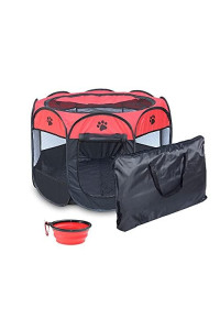 Coopupet Pet Playpen, Foldable Dog Playpens, Portable Octagon Pet Tent, Collapsible Exercise Kennel Tent for Puppies/Dogs/Cats/Rabbits + Free Carrying Case + Free Travel Bowl (Red+Black, S)