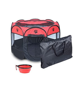 Coopupet Pet Playpen, Foldable Dog Playpens, Portable Octagon Pet Tent, Collapsible Exercise Kennel Tent for Puppies/Dogs/Cats/Rabbits + Free Carrying Case + Free Travel Bowl (Red+Black, S)