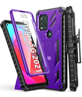 For Motorola Moto G Stylus 5G (2021) Case: Built-In Screen Protector Kickstand Full-Body Military Grade Three-Layer Protective Shockproof Rugged Phone Cover With Belt Clip Holster Purple