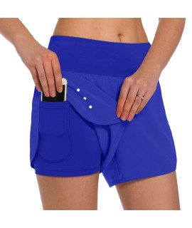 Ksmien Womens 2 in 1 Running Shorts - Lightweight Athletic Workout gym Yoga Shorts Liner with Phone Pockets Royal Blue