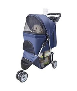 Pet Strollers for Small Medium Dogs & Cats, 3-Wheel Dog Stroller Folding Flexible Easy to Carry for Jogger Jogging Walking Travel with Sun Shade Cup Holder Mesh Window (Dark Blue)
