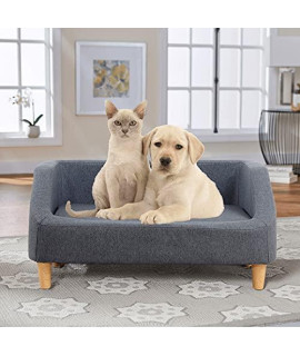 DOOCI Pet Dog Cat Sofa Couch, 32In Rectangle Wooden Linen Thick Memory Foam Bed with Wood Style Foot & Removable Washable Cover, Durable Deluxe Couch for Small Medium Large Dogs Cats, Grey, 32 Inch