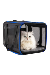 Easy Top Load Soft Pet Carrier Bag Cat For Medium, Large Cats, Puppy, Sturdy, Collapsible, Comfy, Black Wblue Trim, L