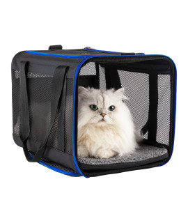 Easy Top Load Soft Pet Carrier Bag Cat For Medium, Large Cats, Puppy, Sturdy, Collapsible, Comfy, Black Wblue Trim, L