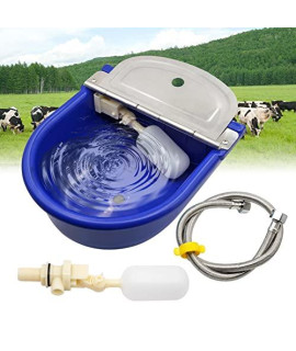 Junniu Automatic Waterer Water Dispenser Trough Bowl Kits for Horse Dog Cattle Livestock Goat Pig Farm Supplies, with Float Valve, Water Hose, Stainless Steel Cover, Hole at the Bottom(Blue)