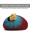 Wool Cat Cave Warm Large Bed Pet House Natural Organic Sleeping Nest Cats Kittens Hideaway Cove Eco-Friendly Indoor Pets Gift 19 Inch Diameter Round (Aqua/RED)
