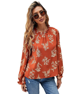 Floerns Womens Mock Neck Floral Print Workwear Long Sleeve High Neck Blouse Tops Burnt Orange XL