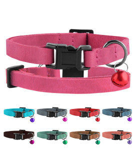 Murom Breakaway Cat Collar Leather Soft Adjustable Pet Kitten Collars with Bell Pink Brown Blue Green Red (Pink)