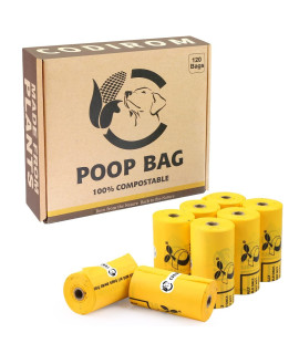 Certified Compostable Dog Poop Bags, 120 Count Eco Friendly and Leakproof Dog Waste Bags, Easy Open 100% Maize Yellow Poop Bag for Dog, 15 Doggy Bags Per Roll (8 rolls)