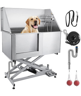 VEVOR 50" Electric Pet Dog Grooming Tub Stainless Steel X-Style Electric Lift Height Dog Bath Tub Pet Washing Station with High Pressure Sprayer and Plate Dog Wash Tub Left Door
