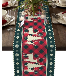 Cotton Linen Table Runner 70 Inch Long, Christmas Tree And Elk Silhouettes Non-Slip Dining Table Runners, Dresser Scarves For Kitchen, Wedding, Holiday Party Tabletop Decor Snowflake Buffalo Plaid