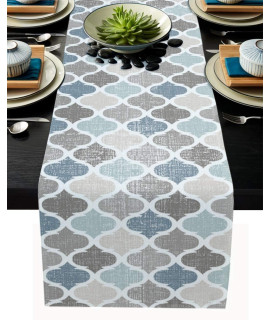 Lbdekor Cotton Linen Table Runner 70 Inch Long, Blue Brown Morocco Geometry Vintage Pattern Non-Slip Dining Table Runners, Dresser Scarves For Kitchen, Wedding, Holiday Party Tabletop Decor