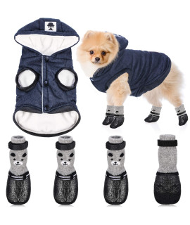 Hooded Dog Coat And Dog Cat Boots Shoes Socks Stylish Puppy Clothes Warm Dog Jacket Waterproof Dog Shoes For Small Puppy (Navy Blue,Xl)