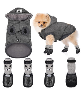 Hooded Dog Coat And Dog Cat Boots Shoes Socks Stylish Puppy Clothes Warm Dog Jacket Waterproof Dog Shoes For Small Puppy (Grey,S)