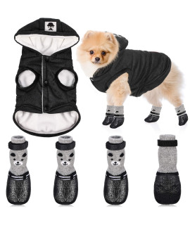 Hooded Dog Coat And Dog Cat Boots Shoes Socks Stylish Puppy Clothes Warm Dog Jacket Waterproof Dog Shoes For Small Puppy (Black,M)