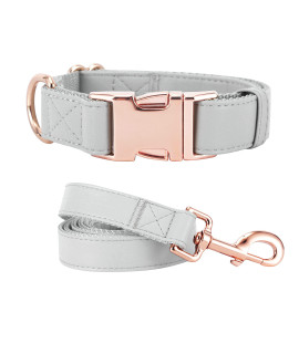 Dog collar and Leash SetSoft and Easy to clean Vegan Leather with Rose gold Metal Buckle for Small Medium Large Dogs (grey, M(138-197))