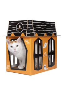 Spooky Cat Haunted House - Halloween Mansion Playhouse for Cats, Kittens, Rabbits & Bunny. Cardboard Box House Condo Cave Furniture Bed Includes Cat Scratcher