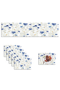 Mcalk Watercolor Table Runner and Placemats Set of 6,cornflowers Daisies Placemats,Blue and White cloth Place Mats Indoor for Kitchen,Washable Placemats Linen Material for Dining Table