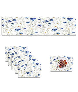 Mcalk Watercolor Table Runner and Placemats Set of 6,cornflowers Daisies Placemats,Blue and White cloth Place Mats Indoor for Kitchen,Washable Placemats Linen Material for Dining Table
