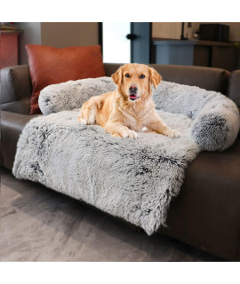 Dekeyoo Waterproof Calming Dog Bed, Pet Couch Protector Plush Dog Mat Dog Sofa, Pet Furniture Cover with Soft Neck Bolster, Machine Washable Silver Gray Large