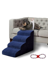 INRLKIT 4 Tiers Pet Foam Stairs, 30D High Density Dog Foam Ramps/Stairs/Ladder for High Beds Sofa, Older Dogs, Cats, Puppies, Injured Dogs (with 1 Rope Toy, Navy)