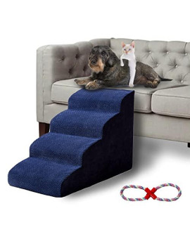 INRLKIT 4 Tiers Pet Foam Stairs, 30D High Density Dog Foam Ramps/Stairs/Ladder for High Beds Sofa, Older Dogs, Cats, Puppies, Injured Dogs (with 1 Rope Toy, Navy)
