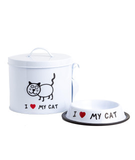 Cute White Cat Canister Set with Bowl and Scoop | Pet Food and Treat Container Storage Set | Tight Fitting Lids | Kitchen Counter Treat Jar with Scoop