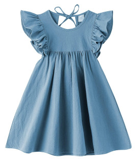 JNKLWPJS Toddler Baby girl cotton Linen Ruffle Halter Sleeveless Kids casual Beach Party Dresses Blue 130cM
