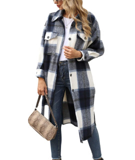 Himosyber Womens Casual Plaid Lapel Woolen Button Up Pocketed Long Shacket Coat(Navyblue-Xxl)