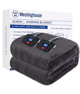 Westinghouse Electric Blanket Queen Size, Super Cozy Soft Flannel 84 X 90 Heated Blanket With 10 Fast Heating Levels & 1-12 Auto-Off, Machine Washable, Etl&Fcc Certification, Charcoal