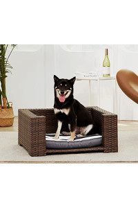 Teamson Pets Dog Bed Dog Sofa Woven Rattan Wicker Frame with Steel and Removable and Washable Cushion for Dogs and Cats, 27.5" x 21.75" x 12.25", Espresso/Blue Striped,Water Resistant