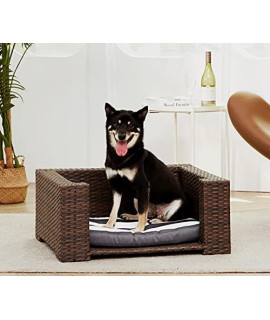 Teamson Pets Dog Bed Dog Sofa Woven Rattan Wicker Frame with Steel and Removable and Washable Cushion for Dogs and Cats, 27.5" x 21.75" x 12.25", Espresso/Blue Striped,Water Resistant