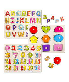 Wooden Puzzles for Toddlers, Wooden Peg ABc Alphabet Number Shape Puzzles Toddler Learning Puzzle Toys for Kids 2-4 Years Old Boys & girls, 3 in 1 Montessori Early Education Puzzle for Toddlers